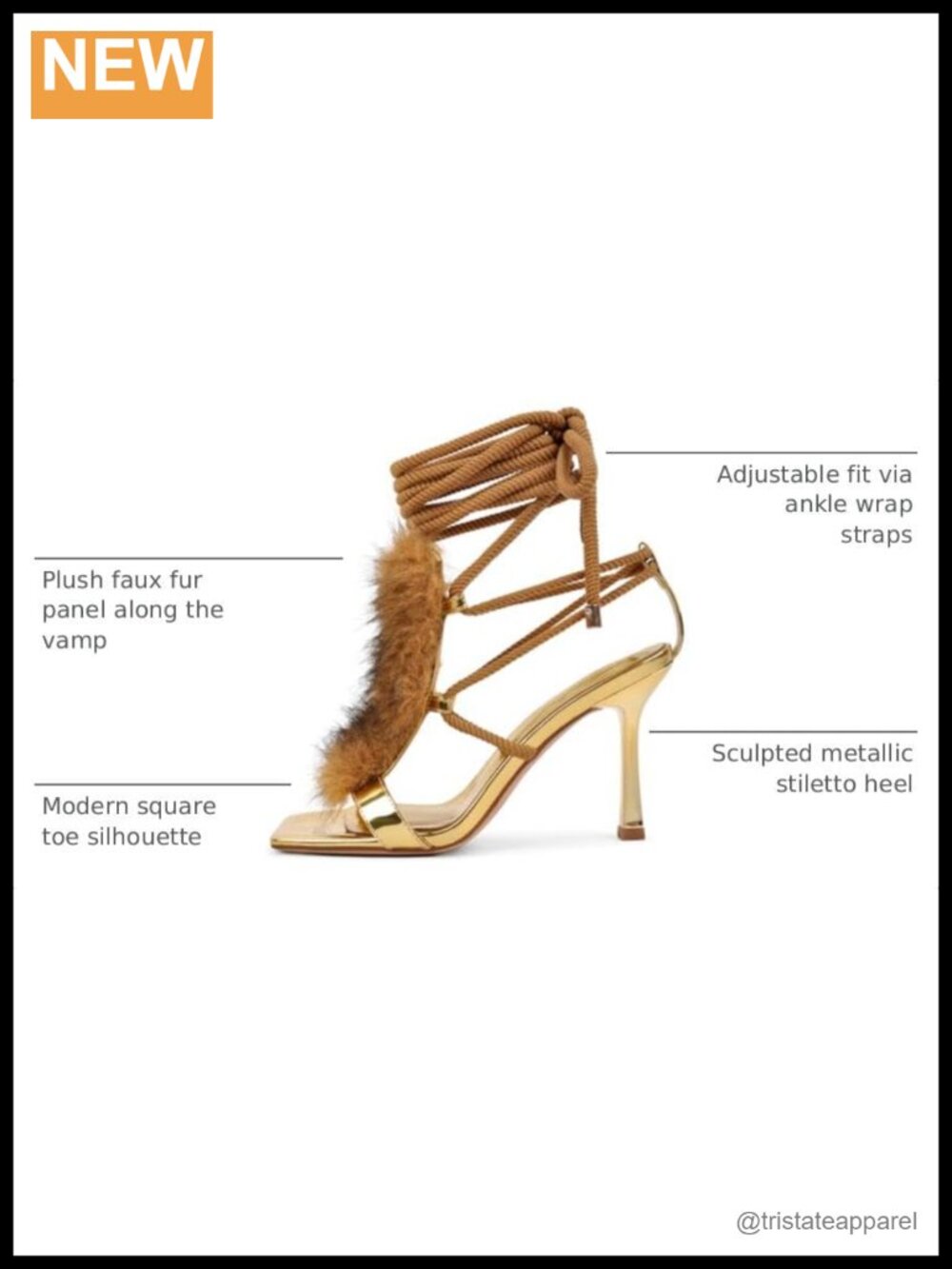 Faux Fur Strappy Sandals with Brown Rope Lace-Up Square Toe Stiletto Heels - Picture 2 of 6
